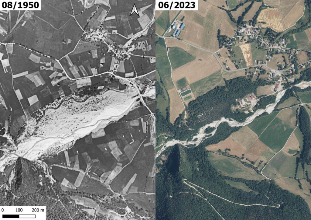 photomontage d'une photo aérienne de 1950 et d'une photo aérienne de 2023 pour montrer le rétrécissement de la bande active du Grand Buëch à Lus la Croix Haute