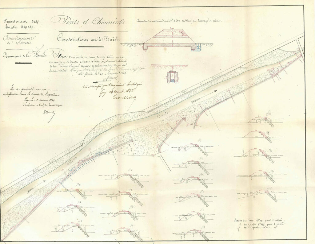 plan d'archive des ponts et chaussées datant de 1843 et détaillant le projet de réparation et d'exhaussement de la digue des Levas, en rive droite du Grand Buëch à la Faurie