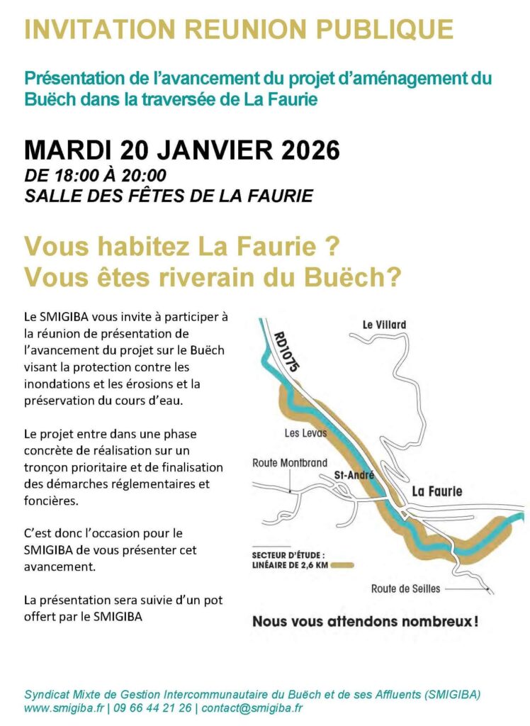 affiche invitant à la réunion publique de présentation de l'avancement du projet d'aménagement du Buëch dans la traversée de la Faurie le mardi 20 janvier 2026 à partir de 18H à la salle polyvalente de la Faurie.